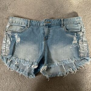 Light-wash, Distressed Billabong Denim Shorts with Silver Metallic Side Detail